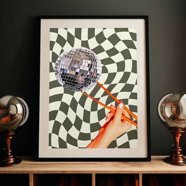 Quadro da parete in tela con palla da discoteca e bacchette, design retrò eccentrico con illusione ottica, ideale per soggiorno, camera da letto, ufficio o decorazione di bar, con cornice opzionale
