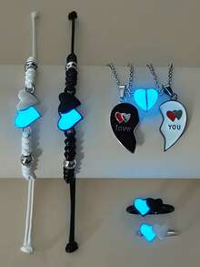 ATLVXJL 6件套夜光极简双心项链、手链、戒指首饰套装，休闲情侣配饰，适合日常佩戴和情人节礼物 - 彩色 - 查看 1