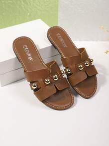 Zapatos de playa para mujer de estilo casual europeo y americano, de unicolor, de puntera abierta, con forma de H hueca, incrustados con remaches, para uso casual al aire libre, sandalias romanas versátiles para vacaciones en la playa con suela plana antideslizante