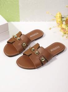 Zapatos de playa para mujer de estilo casual europeo y americano, de unicolor, de puntera abierta, con forma de H hueca, incrustados con remaches, para uso casual al aire libre, sandalias romanas versátiles para vacaciones en la playa con suela plana antideslizante