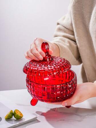 1pc Red Glass Candy Jar With Lid, Personalized Storage Box With Cover, Home Living Room Dried Fruit Box, Sugar And Creamer Canister, Valentine'sDay Gift And Wedding Candy Storage Jar,School Supplies
