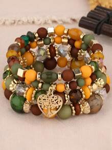 4 Pieces/Set Girls Bohemian Multi-Layer Elastic Crystal Love Tassel Simple Versatile Mother's Day Gift Bracelet