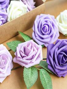 25pcs Purple Artificial Rose Flowers Set With 2pcs Leaves, Realistic Roses On Stems, For DIY Wedding Bouquet, Party, Home Decor