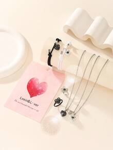 ATLVXJL 6pcs/Set Hollow Heart Shaped Projection Bead Luminous Necklace, Bracelet, Ring Jewelry Set, Casual Couple Accessories Suitable For Daily Wear And Valentine's Day Gift - Multicolor - View 2