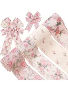 1pc/4pcs Pink Floral Wired Ribbon 2.5 Inch Vintage Rose Flower Ribbon For Bow Wreath Craft Gift Wrap Spring Summer Holiday Wedding Birthday Shower Party Home Decor