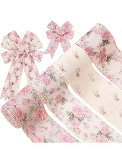 4 PCS 2.5inch Spring Floral Wired Edge Ribbon Watercolor Vintage Flower Ribbon Pink Rose Decorative Fabric Ribbon For Wreath Bow Making DIY Crafts Wrapping
