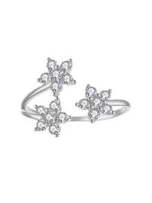 925 纯银五叶草三花镀 14K 金/铂金戒指，简约奢华雪花 CZ 可调节戒指，韩式风格，送给女朋友的礼物，周年纪念珠宝