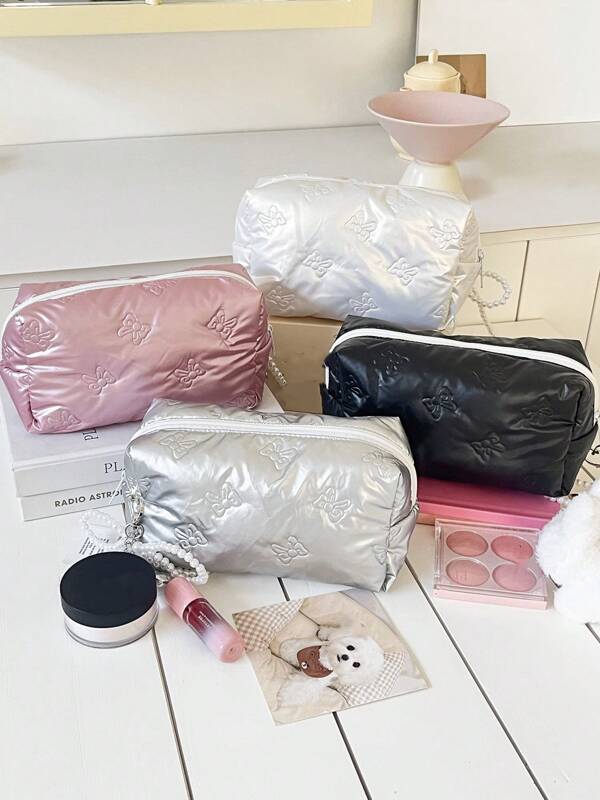 1 Pc Korean Style Butterfly Bow Makeup Bag For Women Portable Cosmetic Brush Storage Bag With Zipper Pearl [Endant