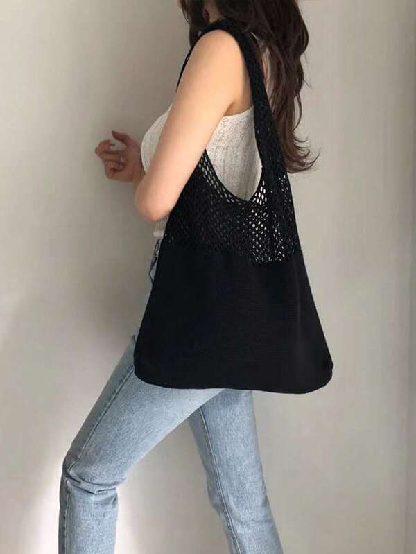 Bolso de playa de mujer tejido a ganchillo, bolso de hombro estético, bolso hippie, bolso de punto, accesorio de moda, bolso calado, bolso de hombro para viajes a la playa, ligero, de gran capacidad, bolsa de la compra plegable con diseño sacudidor de arena, regalo perfecto para mujeres viajeras, actividades al aire libre, viajes y compras