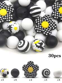 30 Silicone Beads, 15mm Printed Round Beads Paired With Loose Checkered Flower Spacer Beads, Suitable For Handmade DIY Jewelry Making, Bracelets, Necklaces, Keychains/Pen Beads, Mobile Phone Pendants, Bag Accessories, Birthday Gifts, And Gifts For Women.