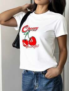 PLAYERA CHERRY SWEET GIRL MANGA CORTA CUELLO RENDONDO PARA GYM CASUAL O VERANO - Blanco - Ver 1