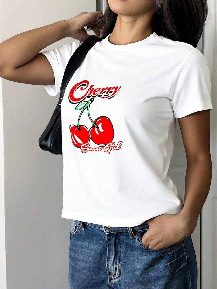 PLAYERA CHERRY SWEET GIRL MANGA CORTA CUELLO RENDONDO PARA GYM CASUAL O VERANO - Blanco - Ver 1