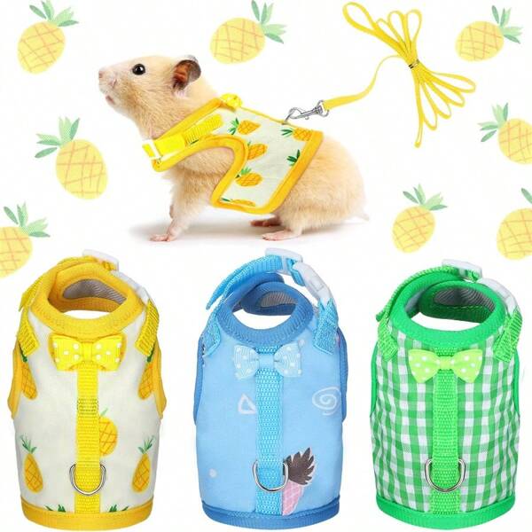 1 Stück süßer kleiner Tiergeschirr, Obst Karo Muster mit Schleife, gepolsterter und verstellbarer Laufweste geeignet für Hamster, Eichhörnchen, Meerschweinchen