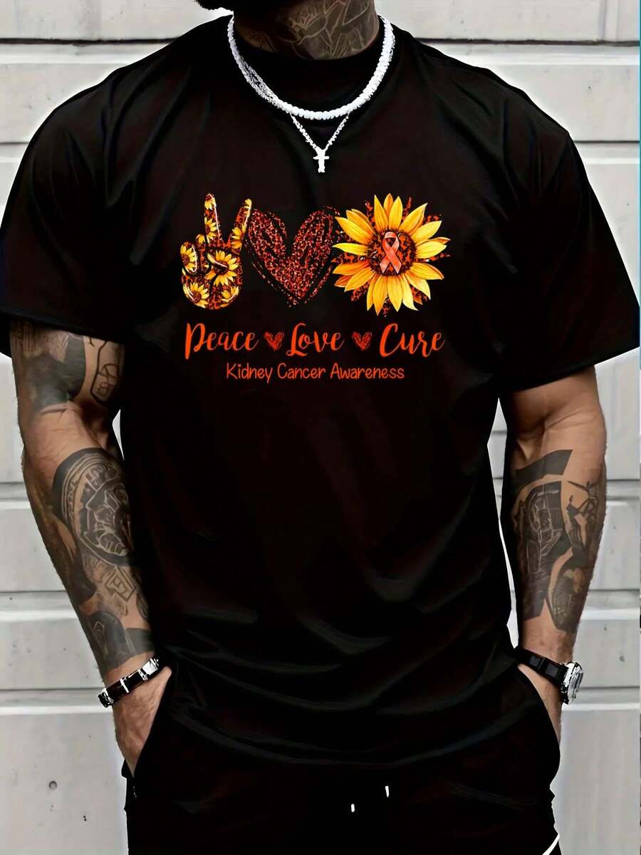 Daisy Peace Love Cure Kidney Cancer Awareness -Shirt Graphic Tees Summer Clothes Men Shirts Street Wear - Black - View 1