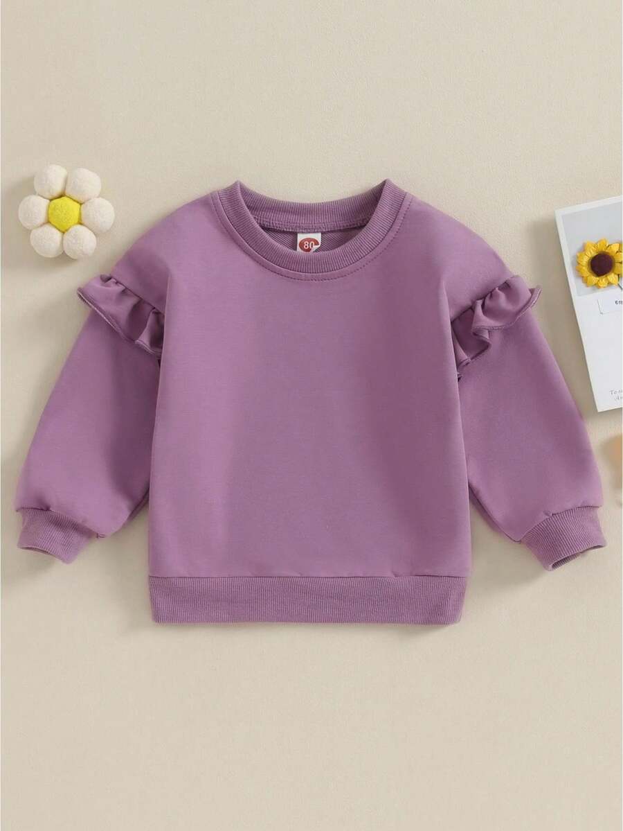 Sudaderas casuales para niñas y niños pequeños, suéteres de manga larga con cuello redondo de color sólido a la moda, camisetas holgadas para niños - Morado - Ver 1