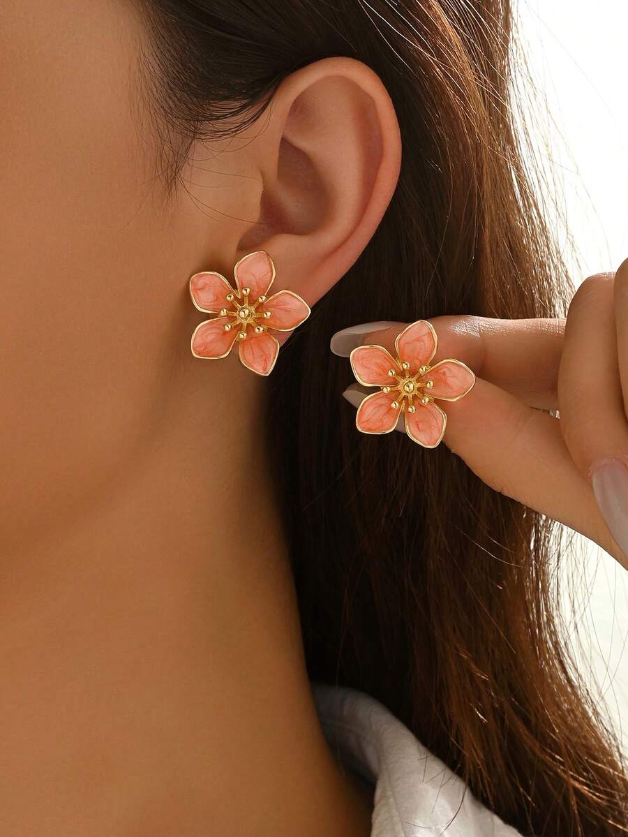 橙色花朵耳环，优雅可爱的金色手工油滴耳环，适合度假、约会和日常生活