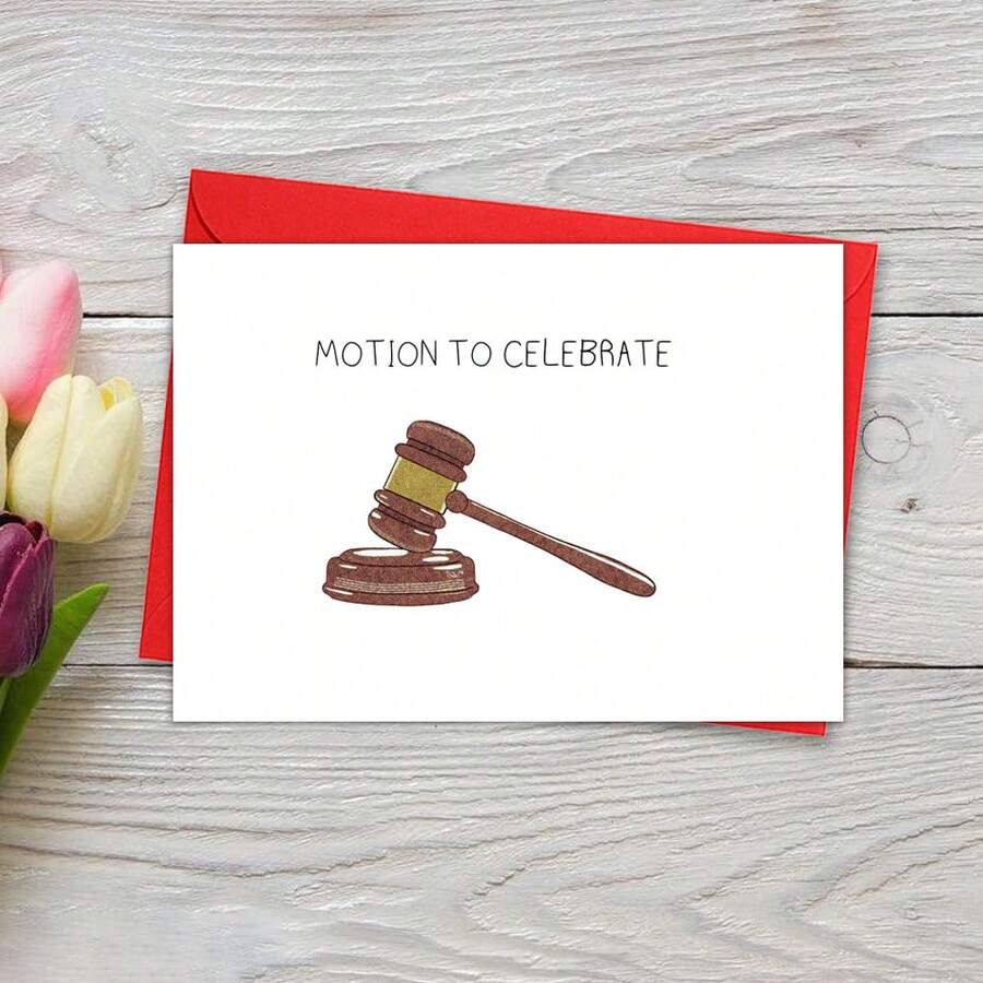 Tarjeta de felicitación con sobre, ceremonia de toma de posesión, abogado, tribunal, juego de palabras, celebración, martillo, regalo perfecto para graduación - Multicolor - Ver 1