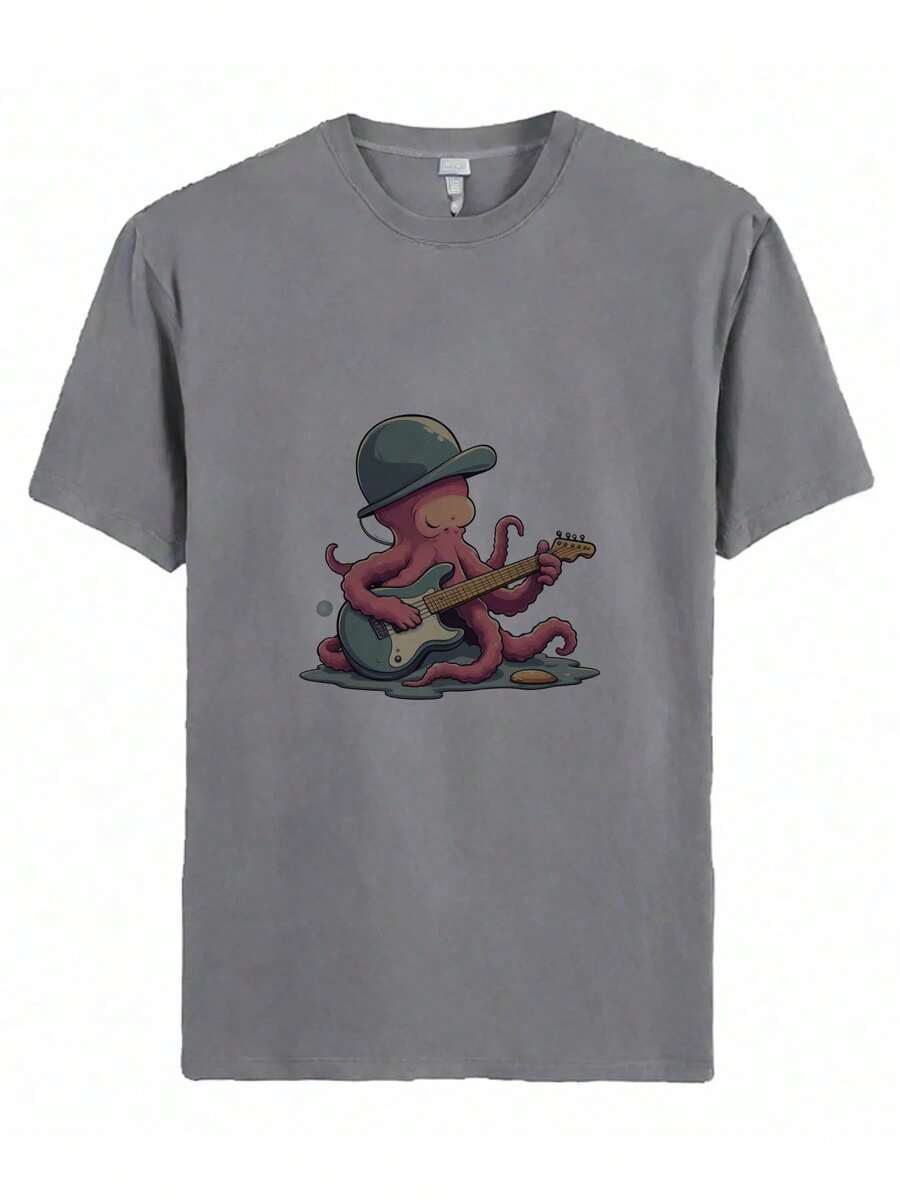 A Cartoon Of An Octopus Playing A Guitar. - Grey - View 1