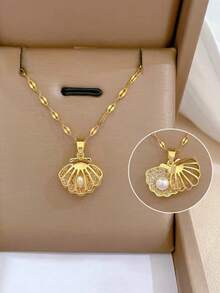 1pc Stainless Steel Micro-Inlaid Zirconia Hollow Shell & Pearl Necklace - Yellow Gold - View 1