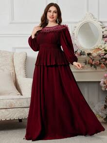 SUPGIR Vestido de manga larga con escote en V y frente recogido con efecto envolvente en tono azul grisáceo, estilo campesino - Burdeos - Ver 2
