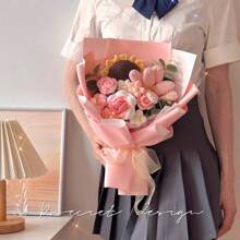 1pc Romantic Knit Flower Bouquet, Practical Yarn Tulips And Roses Bouquet Gift For Girlfriends, Useful Birthday Present