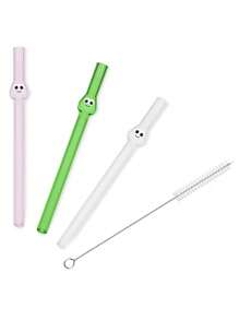 3Pcs Cute Cartoon Big-Eye Glass Straws With Brushes, Colorful Reusable Drinking Straws For Smoothies, Bubble Tea, Milkshakes, Party Supplies, Easy Clean