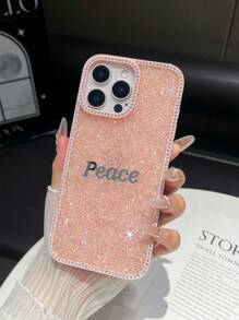 1 pieza Funda de teléfono con cobertura total y cristal con signo de paz y eslogan compatible con iPhone 15/15 Pro