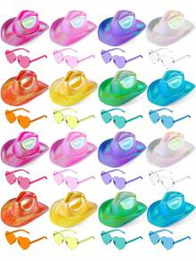Set de 2 piezas Sombrero de vaquero holográfico con gafas de sol sin borde brillantes, set de sombrero de vaquero y gafas de sol brillantes con forma de corazón, accesorios de vaquera espacial para festivales de música, Halloween, cosplay (gafas de protección UV, diseño ligero, tema vaquero retro, props para fotos, regalos para fiestas de cumpleaños y despedida de soltera), accesorios para fiestas, graduación - Multicolor - Ver 4