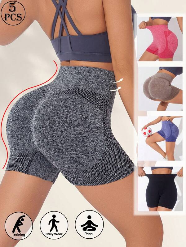 5pcs Seamless High Waist Shaping Sports Shorts Sculpting Waist Butt Lifter Fashionable Fitness Biker Shorts