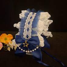 1pc Lolita Style Girl Faux Pearl Bow Lace Headband + Cute Countryside Themed Headpiece Ribbon Maid Headdress, Suits 2D Lolita Halloween