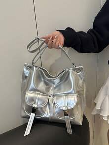 Vintage High-End Oil-Waxed Leather Tote Bag, Chic&Versatile, Large Capacity Casual Shoulder & Crossbody Bag For Women - Silver - View 3