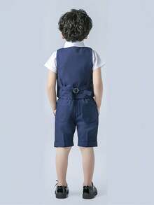 3 件男童休闲绅士西装套装：纯色背心 + 短裤 + 领结，夏季