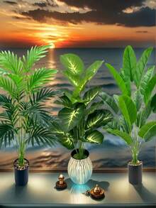3pcs Artificial Potted Palm Trees, Plastic Planter, Indoor/Outdoor Decor, Floor Standing, Garden Decoration, Suitable For Spring, Thanksgiving, Various Room Types, Planter Not Included - Multicolor - View 6