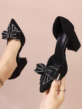 Fall/Winter 2025 Pointed Toe Rhinestone High Heel Sandals With Bowknot Transparent Strap, French Style, New Spring/Summer 2024, Elegant, Women Pumps,Elegant,Party Outfits