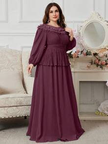 SUPGIR Round Neck Long Sleeve Gathered Front High-Low Hem Hazy Blue Party Dress With 2 In 1 Design - Red Violet - View 4