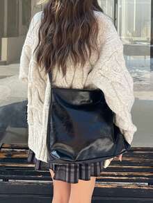 1pc Women's Fashion Versatile Shiny Black Soft Leather Large Capacity Commute Casual Tote Bag, Korean Style One Shoulder Crossbody Handbag