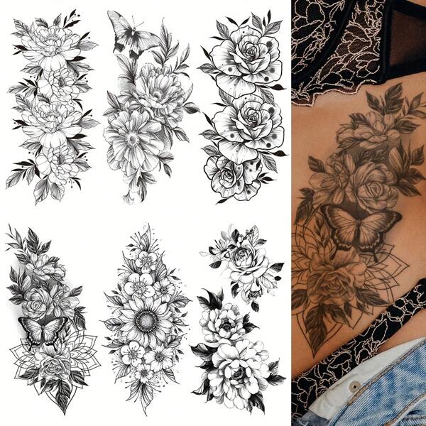 6pcs Black Flower Pattern Combination Of Tattoo, For Men And Women Arm Chest Tummy Back, Waterproof Simulation, Can Last For 3-5 Days Body Tattoo Sticker