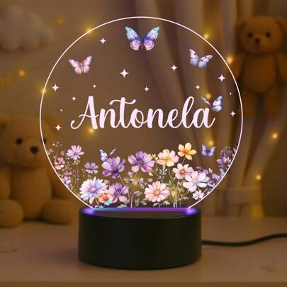 Luminária PRETA acende 7 Cores RGB - Bebê Flores - Maternidade Personalizado, Decoração, Criança, Borboletas, Abajur, Nascimento, Presente
