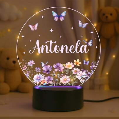 Luminária PRETA acende 7 Cores RGB - Bebê Flores - Maternidade Personalizado, Decoração, Criança, Borboletas, Abajur, Nascimento, Presente