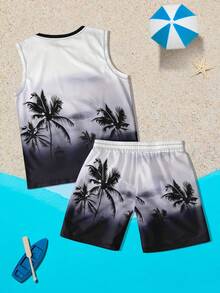 Men's Casual Palm Tree Print Sleeveless Top & Shorts Set, Holiday Wear - Multicolor - View 2