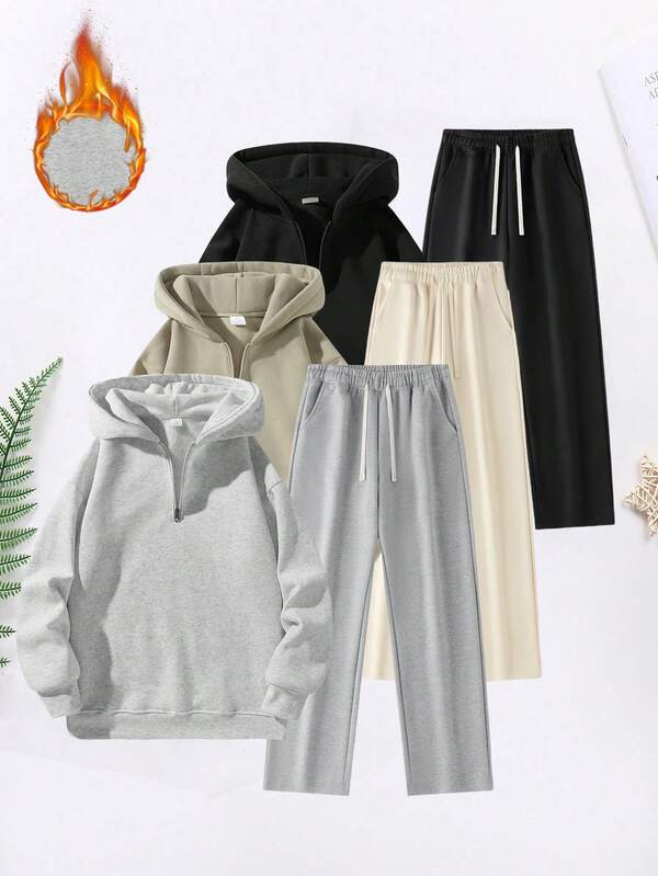 Sudadera con media cremallera casual y deportiva para hombres con cintura elástica de punto de unicolor, pantalones deportivos casuales para hombres, conjunto de ropa casual y deportiva para ir al trabajo, al aire libre, al gimnasio, para todas las estaciones, esencial de moda casual, ropa de otoño, atuendos acogedores