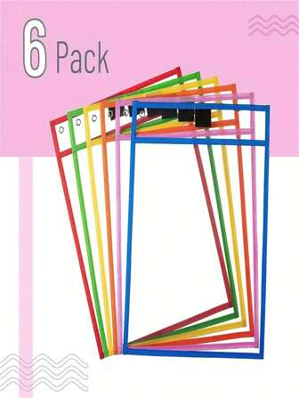 6pcs Colorful Dry Erase Pocket Sleeves, 25.4x35.56 Cm, Reusable Plastic Clear Classroom Protectorsschool Supplies,Back To School