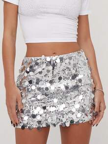 Women's Sparkly Sequin Mini Skirt Mid Rise Slim Fit Bodycon Short Skirt For Party, Work - White - View 3