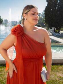 LONG WEDDING PARTY DRESS FOR GODMOTHER IN TULLE WITH FLOWER ON THE SHOULDER - Terracotta - View 2