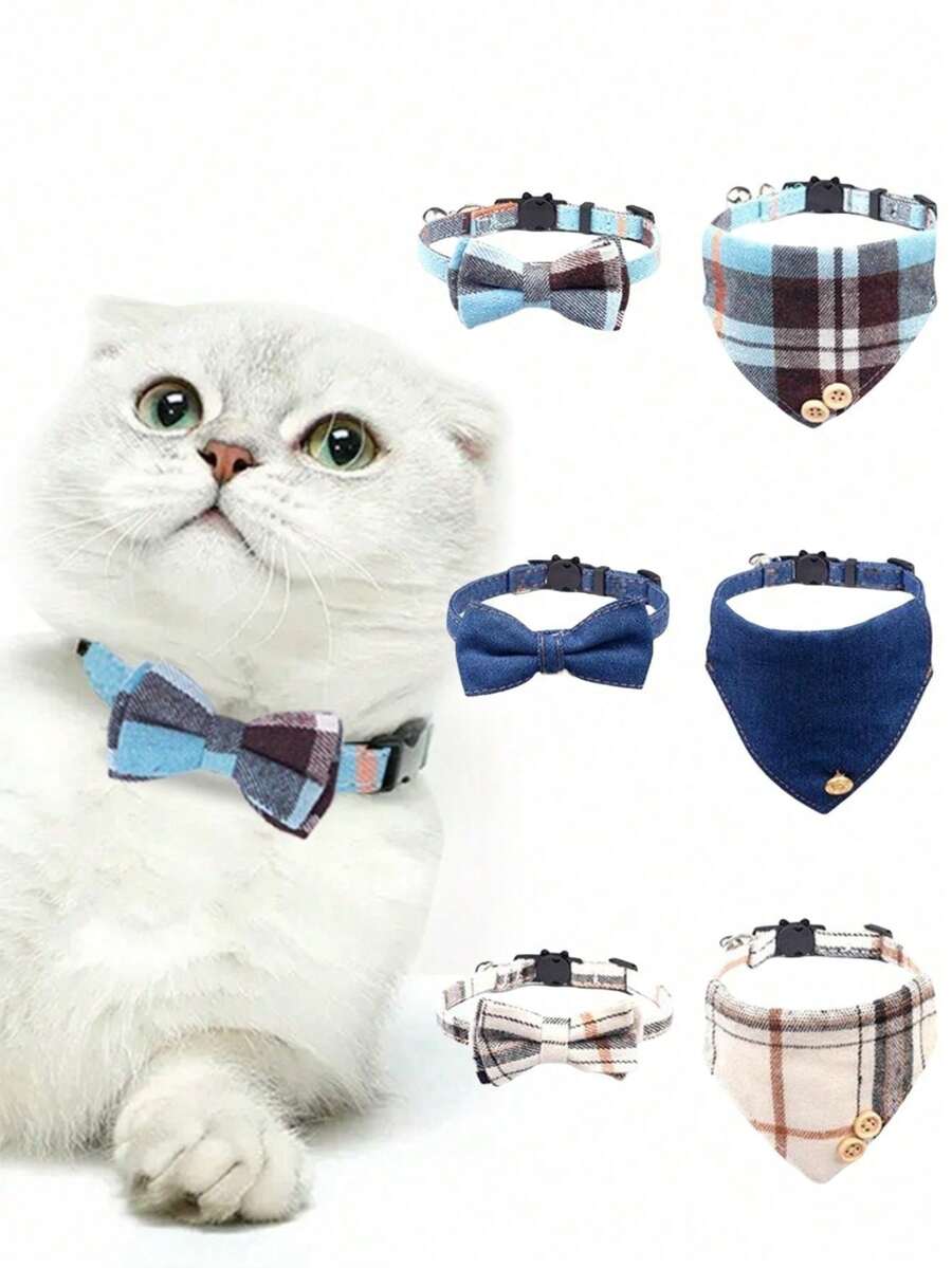 1/2pcs Plaid Pattern Cat Collar Accessories, Adjustable Kitten Bib With Cute Bowknot Buckle Puppy Necklace Set