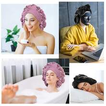 Arqumi 2 Pcs Satin Silk Bonnet Sleeping Women, Large Long Strap Tie Band Adjustable Sleep Night Cap Hair Bonnet Wrap Men, Black+Purple - Black+Leather Red - View 7