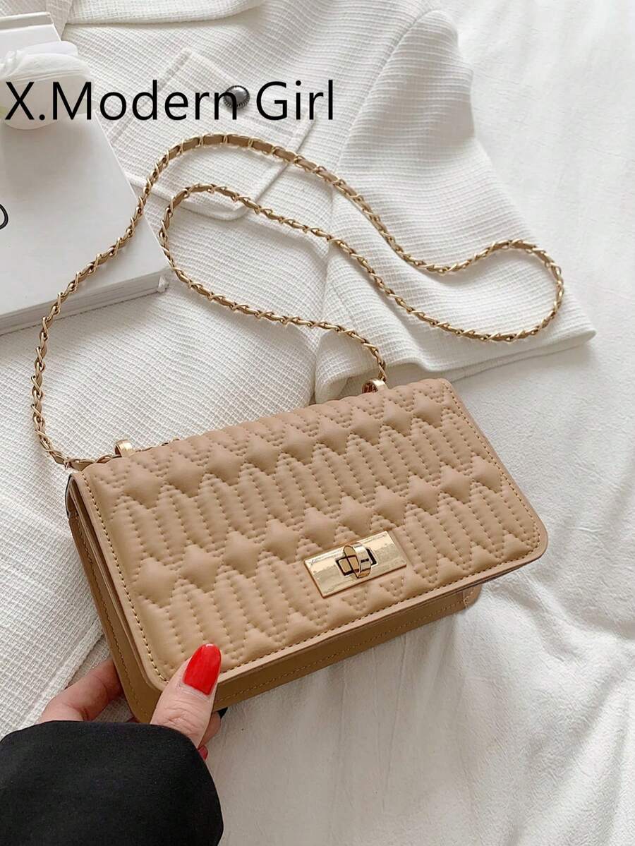 Quilted Diamond Chain Shoulder Bag - Khaki - View 1