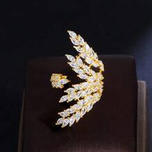 1 chiếc nhẫn hở hình lá phong Zirconia thanh lịch thời trang - Vàng + Zirconium trắng - Xem 5