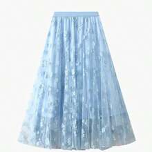 Long Embroidered Tulle Skirt - Light And Romantic, 100% Polyester - Blue - View 2