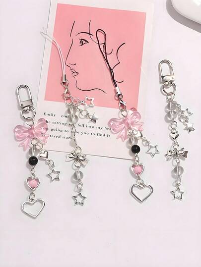 1pc Women's Y2K Style Cute Bow Keychain Pendant, Creative Phone Short Chain Heart & Pentagram Decor Accessory, Gift For Bag Decoration Car Accessories Bag Charm School Goth Christmas Bag Charms Car Accessories Teacher Friend Sister Gift Ideas